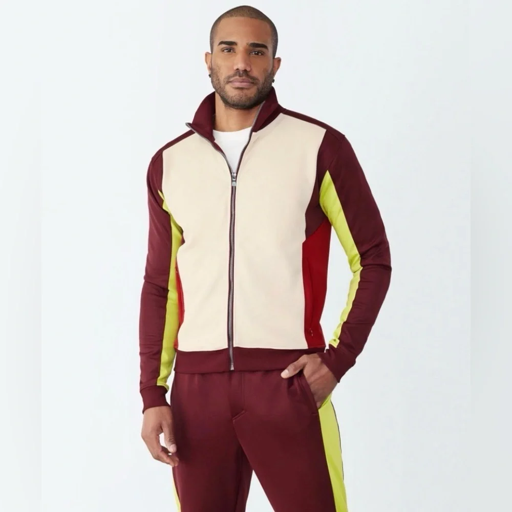 NWT GSTQ Men’s Colorblock Knit Zip-Up Jacket Cream Maroon Bright Yellow - L